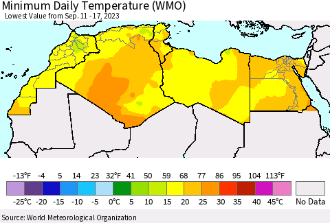 North Africa Minimum Daily Temperature (WMO) Thematic Map For 9/11/2023 - 9/17/2023