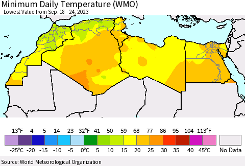 North Africa Minimum Daily Temperature (WMO) Thematic Map For 9/18/2023 - 9/24/2023