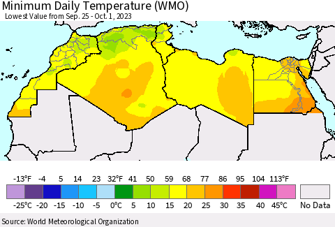 North Africa Minimum Daily Temperature (WMO) Thematic Map For 9/25/2023 - 10/1/2023