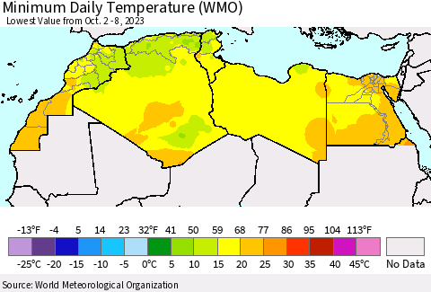 North Africa Minimum Daily Temperature (WMO) Thematic Map For 10/2/2023 - 10/8/2023