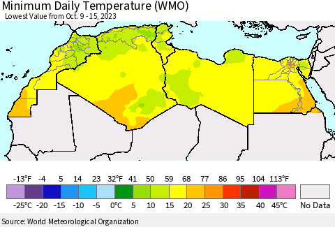 North Africa Minimum Daily Temperature (WMO) Thematic Map For 10/9/2023 - 10/15/2023