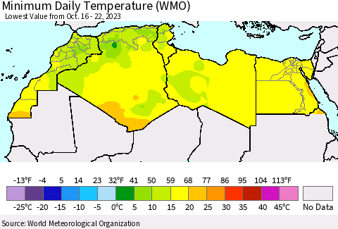 North Africa Minimum Daily Temperature (WMO) Thematic Map For 10/16/2023 - 10/22/2023