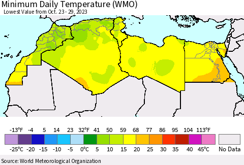 North Africa Minimum Daily Temperature (WMO) Thematic Map For 10/23/2023 - 10/29/2023