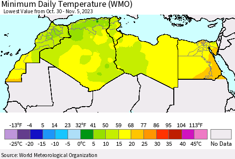 North Africa Minimum Daily Temperature (WMO) Thematic Map For 10/30/2023 - 11/5/2023