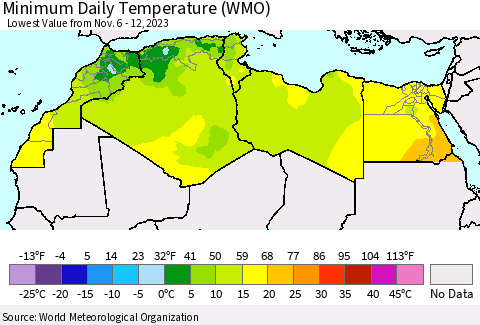 North Africa Minimum Daily Temperature (WMO) Thematic Map For 11/6/2023 - 11/12/2023
