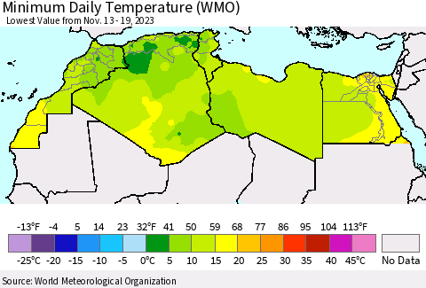North Africa Minimum Daily Temperature (WMO) Thematic Map For 11/13/2023 - 11/19/2023