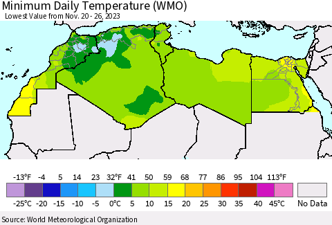 North Africa Minimum Daily Temperature (WMO) Thematic Map For 11/20/2023 - 11/26/2023