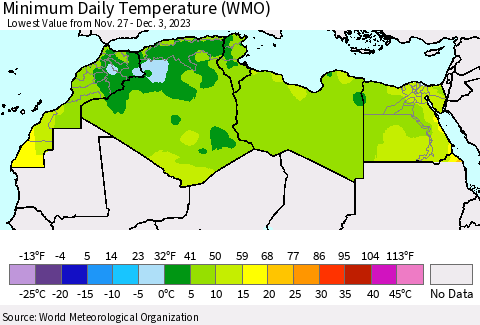 North Africa Minimum Daily Temperature (WMO) Thematic Map For 11/27/2023 - 12/3/2023