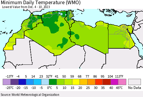 North Africa Minimum Daily Temperature (WMO) Thematic Map For 12/4/2023 - 12/10/2023