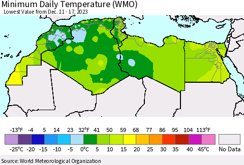 North Africa Minimum Daily Temperature (WMO) Thematic Map For 12/11/2023 - 12/17/2023