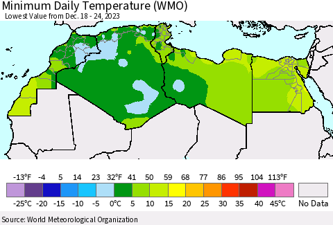 North Africa Minimum Daily Temperature (WMO) Thematic Map For 12/18/2023 - 12/24/2023