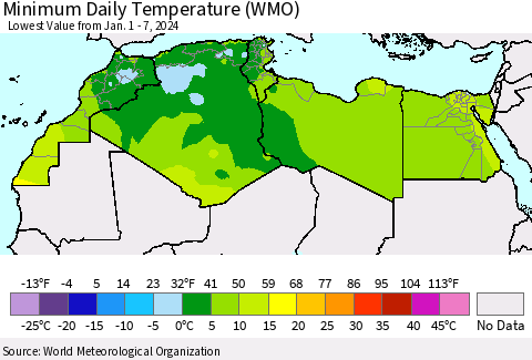 North Africa Minimum Daily Temperature (WMO) Thematic Map For 1/1/2024 - 1/7/2024