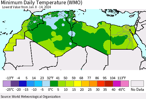 North Africa Minimum Daily Temperature (WMO) Thematic Map For 1/8/2024 - 1/14/2024