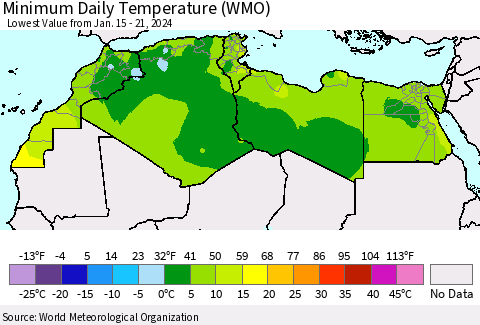 North Africa Minimum Daily Temperature (WMO) Thematic Map For 1/15/2024 - 1/21/2024