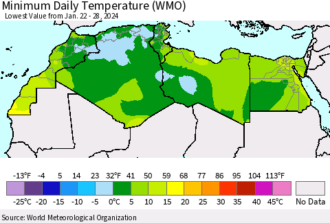 North Africa Minimum Daily Temperature (WMO) Thematic Map For 1/22/2024 - 1/28/2024