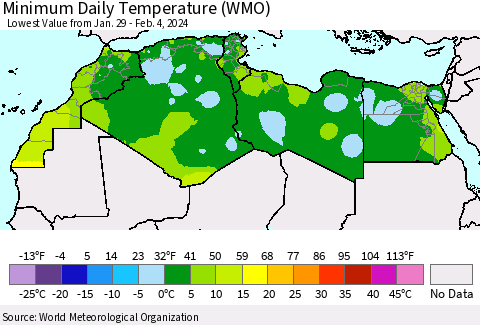 North Africa Minimum Daily Temperature (WMO) Thematic Map For 1/29/2024 - 2/4/2024