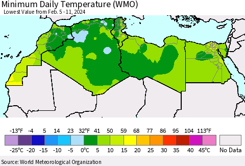 North Africa Minimum Daily Temperature (WMO) Thematic Map For 2/5/2024 - 2/11/2024