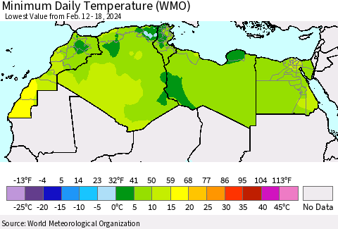 North Africa Minimum Daily Temperature (WMO) Thematic Map For 2/12/2024 - 2/18/2024
