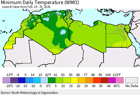 North Africa Minimum Daily Temperature (WMO) Thematic Map For 2/19/2024 - 2/25/2024