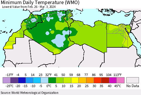 North Africa Minimum Daily Temperature (WMO) Thematic Map For 2/26/2024 - 3/3/2024