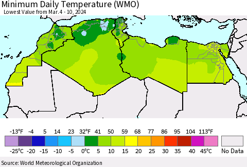 North Africa Minimum Daily Temperature (WMO) Thematic Map For 3/4/2024 - 3/10/2024