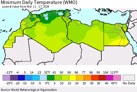 North Africa Minimum Daily Temperature (WMO) Thematic Map For 3/11/2024 - 3/17/2024