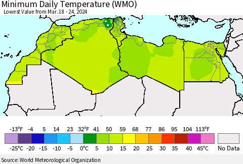 North Africa Minimum Daily Temperature (WMO) Thematic Map For 3/18/2024 - 3/24/2024