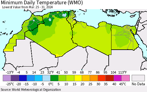 North Africa Minimum Daily Temperature (WMO) Thematic Map For 3/25/2024 - 3/31/2024