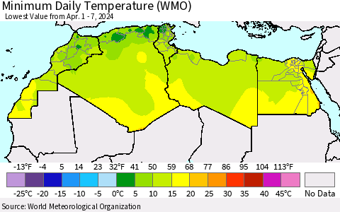 North Africa Minimum Daily Temperature (WMO) Thematic Map For 4/1/2024 - 4/7/2024