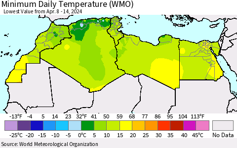 North Africa Minimum Daily Temperature (WMO) Thematic Map For 4/8/2024 - 4/14/2024