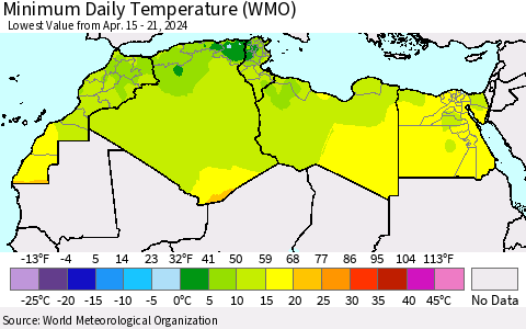 North Africa Minimum Daily Temperature (WMO) Thematic Map For 4/15/2024 - 4/21/2024