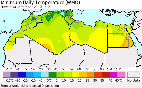 North Africa Minimum Daily Temperature (WMO) Thematic Map For 4/22/2024 - 4/28/2024
