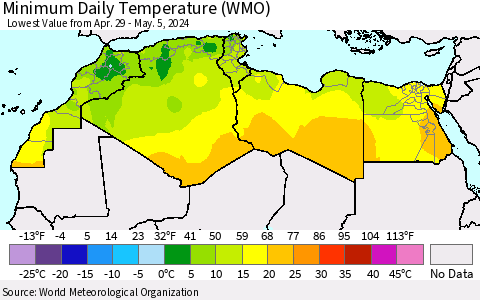 North Africa Minimum Daily Temperature (WMO) Thematic Map For 4/29/2024 - 5/5/2024