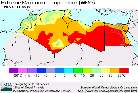 North Africa Maximum Daily Temperature (WMO) Thematic Map For 3/5/2018 - 3/11/2018