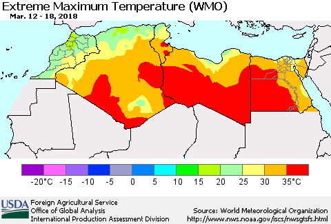 North Africa Maximum Daily Temperature (WMO) Thematic Map For 3/12/2018 - 3/18/2018