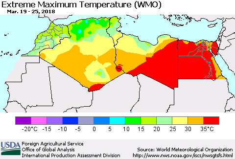 North Africa Maximum Daily Temperature (WMO) Thematic Map For 3/19/2018 - 3/25/2018