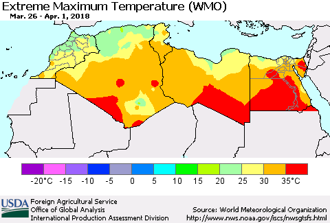 North Africa Maximum Daily Temperature (WMO) Thematic Map For 3/26/2018 - 4/1/2018