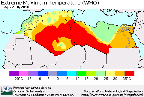 North Africa Maximum Daily Temperature (WMO) Thematic Map For 4/2/2018 - 4/8/2018
