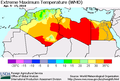 North Africa Maximum Daily Temperature (WMO) Thematic Map For 4/9/2018 - 4/15/2018