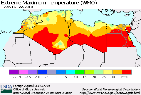 North Africa Maximum Daily Temperature (WMO) Thematic Map For 4/16/2018 - 4/22/2018