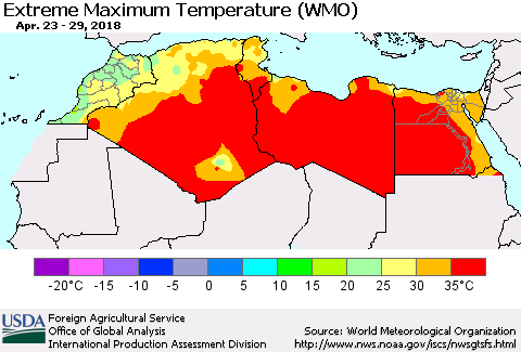 North Africa Maximum Daily Temperature (WMO) Thematic Map For 4/23/2018 - 4/29/2018