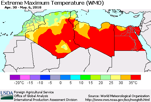 North Africa Maximum Daily Temperature (WMO) Thematic Map For 4/30/2018 - 5/6/2018