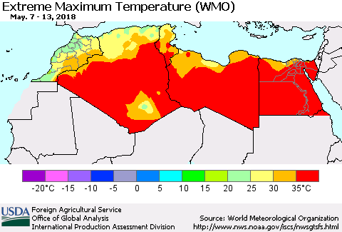 North Africa Maximum Daily Temperature (WMO) Thematic Map For 5/7/2018 - 5/13/2018
