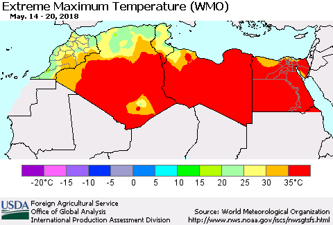 North Africa Maximum Daily Temperature (WMO) Thematic Map For 5/14/2018 - 5/20/2018