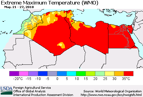 North Africa Maximum Daily Temperature (WMO) Thematic Map For 5/21/2018 - 5/27/2018