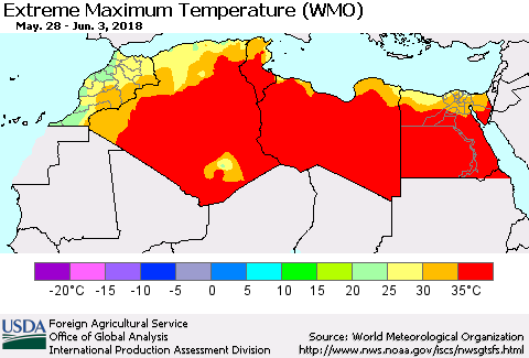 North Africa Maximum Daily Temperature (WMO) Thematic Map For 5/28/2018 - 6/3/2018