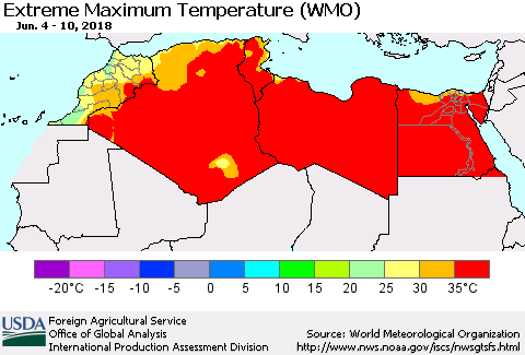 North Africa Maximum Daily Temperature (WMO) Thematic Map For 6/4/2018 - 6/10/2018
