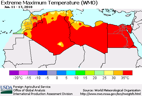 North Africa Maximum Daily Temperature (WMO) Thematic Map For 6/11/2018 - 6/17/2018