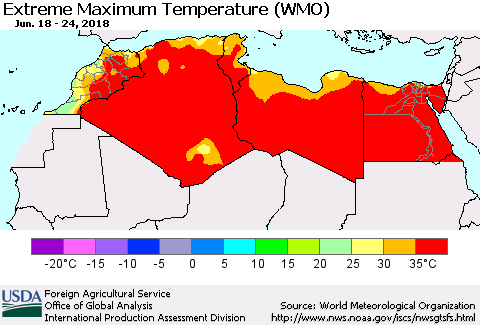 North Africa Maximum Daily Temperature (WMO) Thematic Map For 6/18/2018 - 6/24/2018