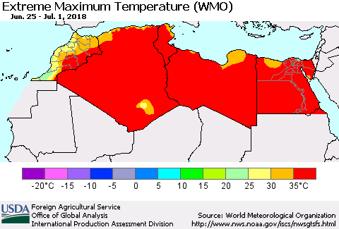 North Africa Maximum Daily Temperature (WMO) Thematic Map For 6/25/2018 - 7/1/2018